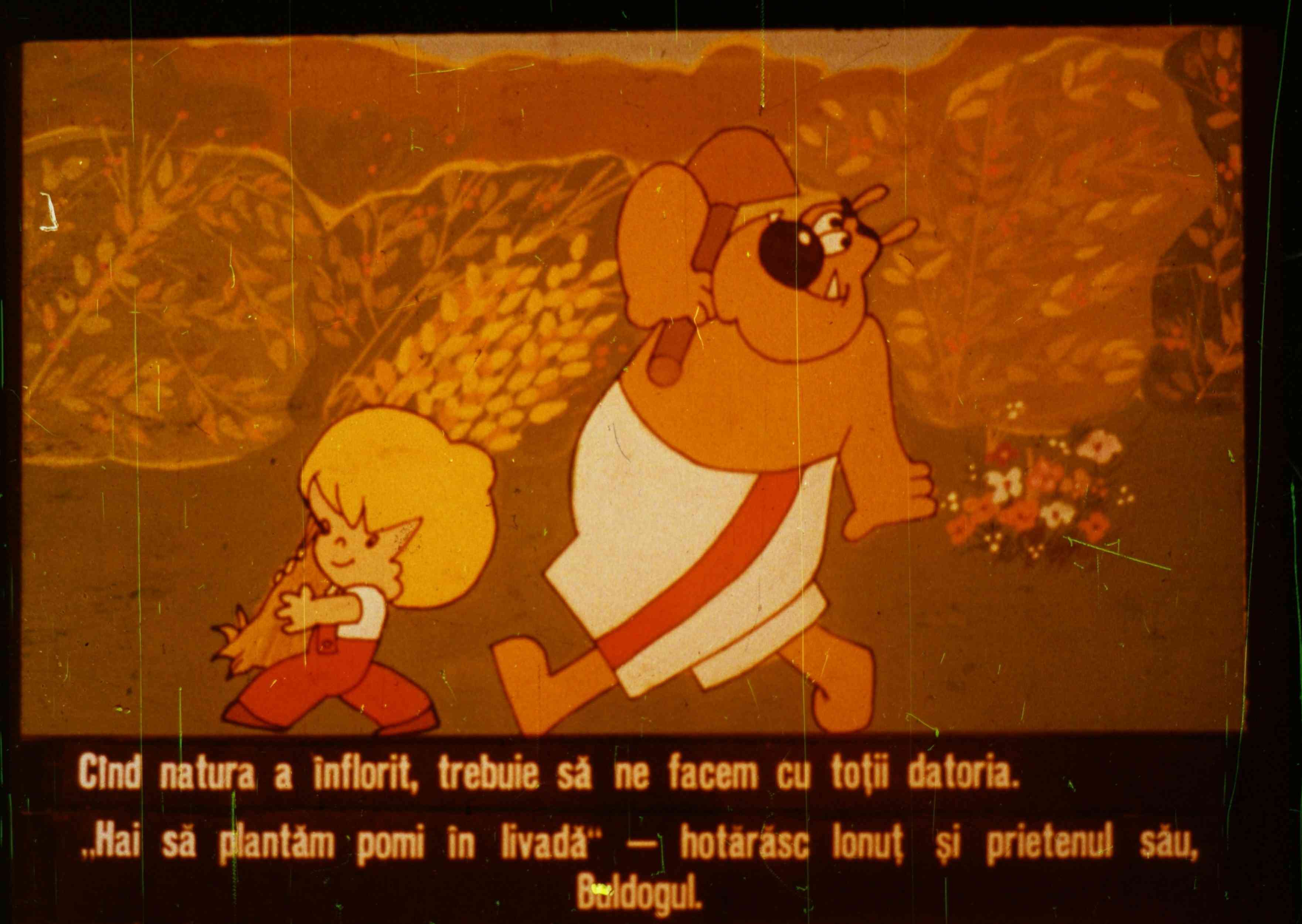 Imagine colorată cu personaje animate care discută despre plantarea pomilor în livadă.