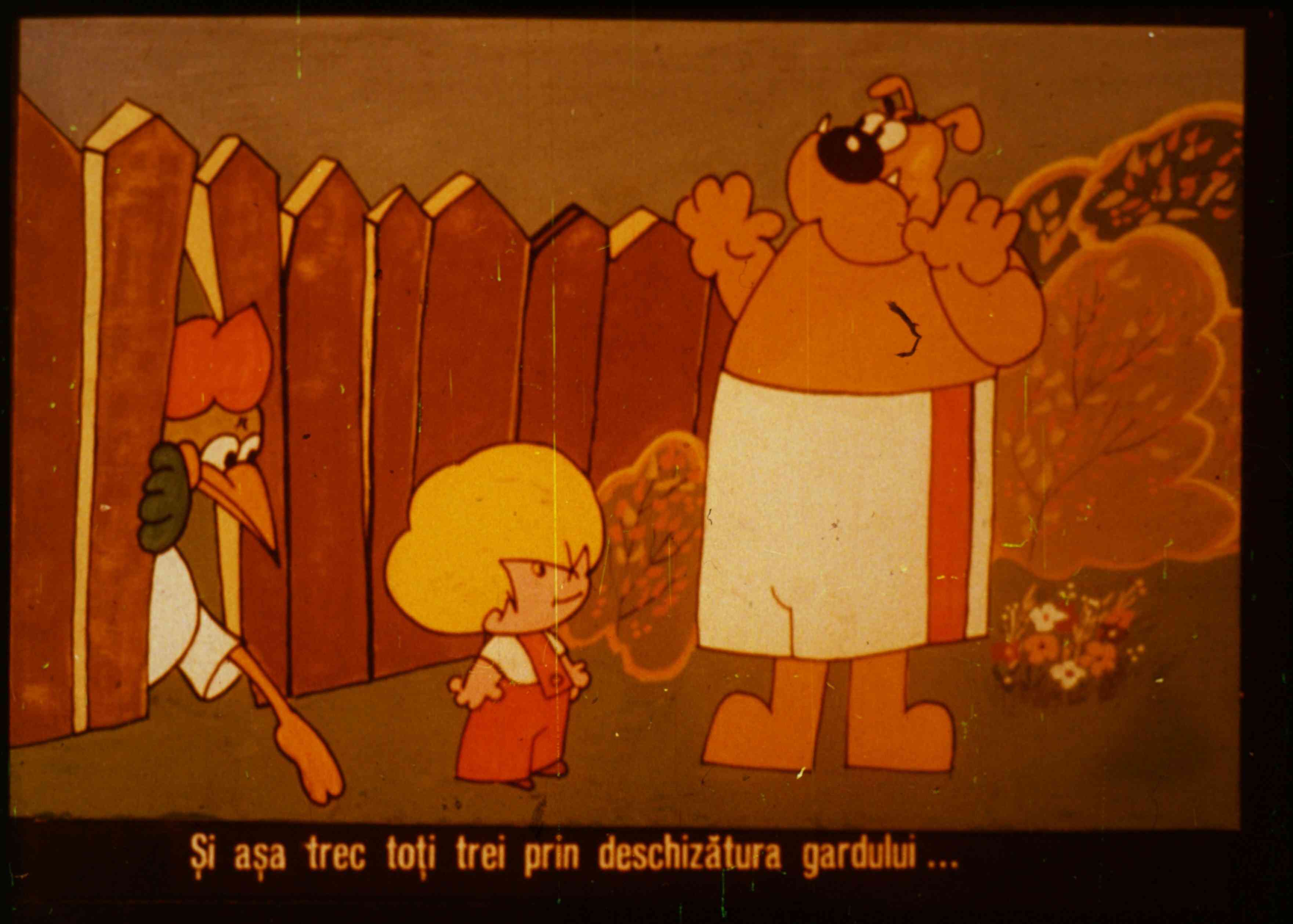Text scris pe un fundal animat, care descrie o scenă cu personaje.