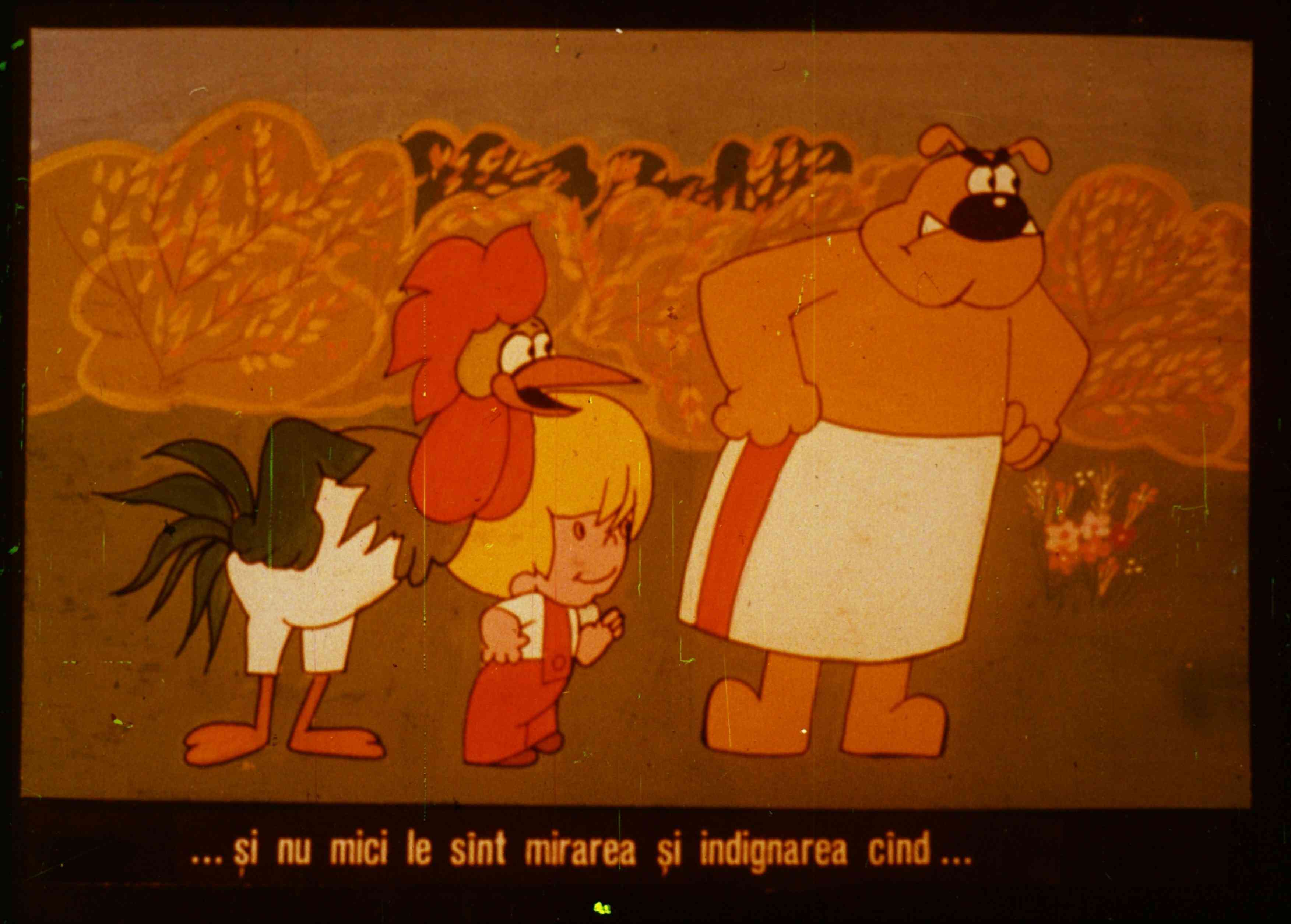 Imagine animată cu un băiețel și animale, cu text subtitrat la baza imaginii.
