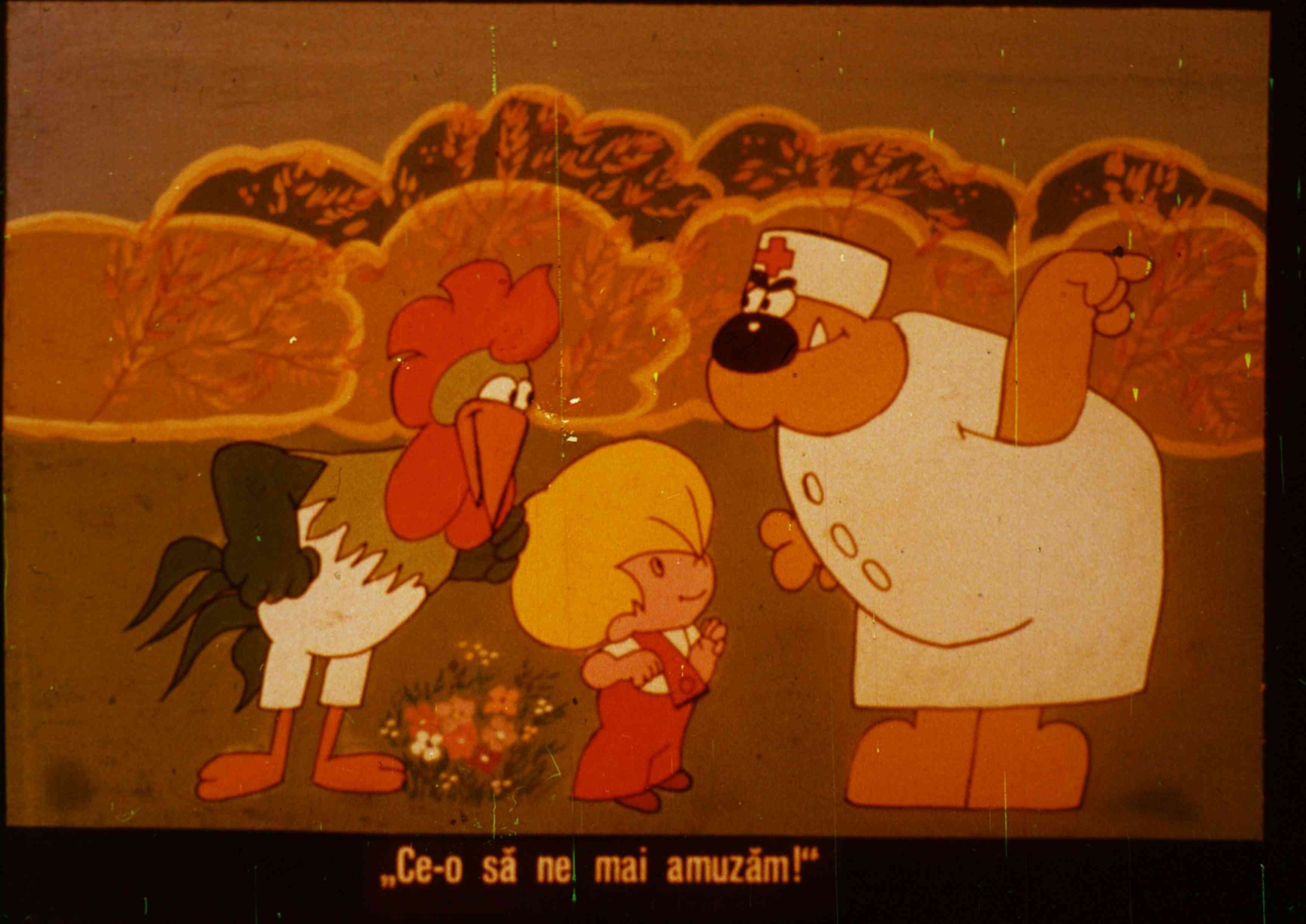 O scenă animată cu personaje colorate, inclusiv un câine, o pasăre și un băiețel, care interacționează într-un peisaj de toamnă.