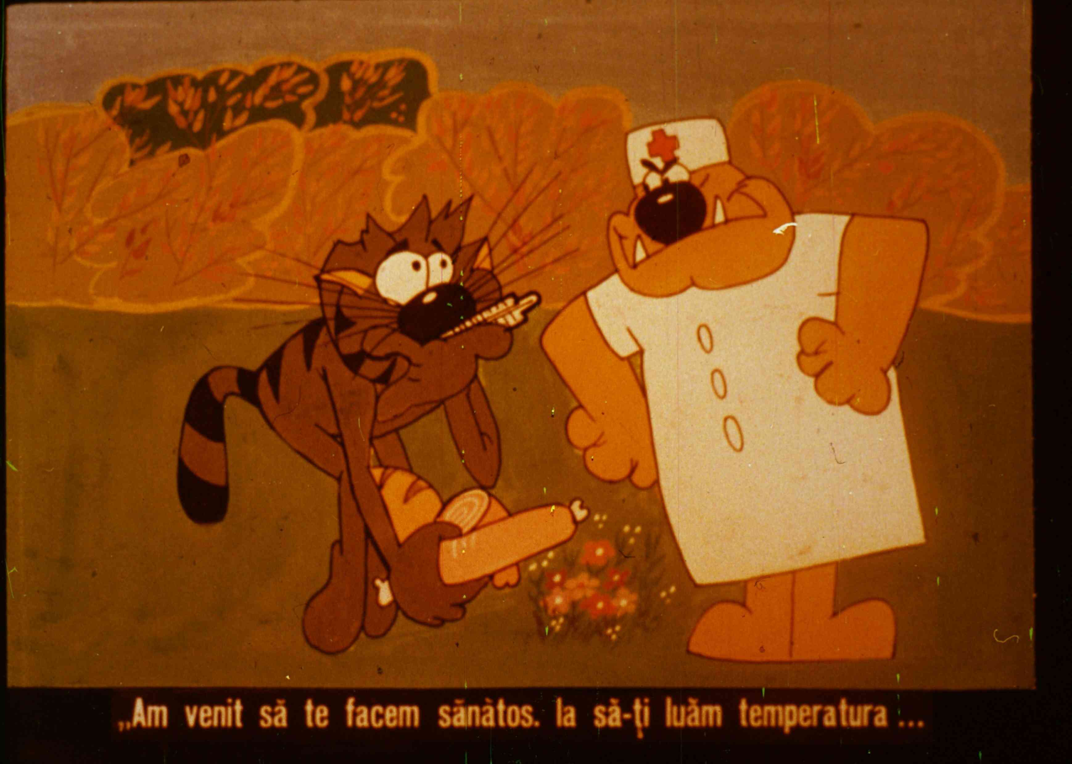 Doi personaje animate, unul îmbrăcat ca doctor, discută cu un altul, cu un ton umoristic.