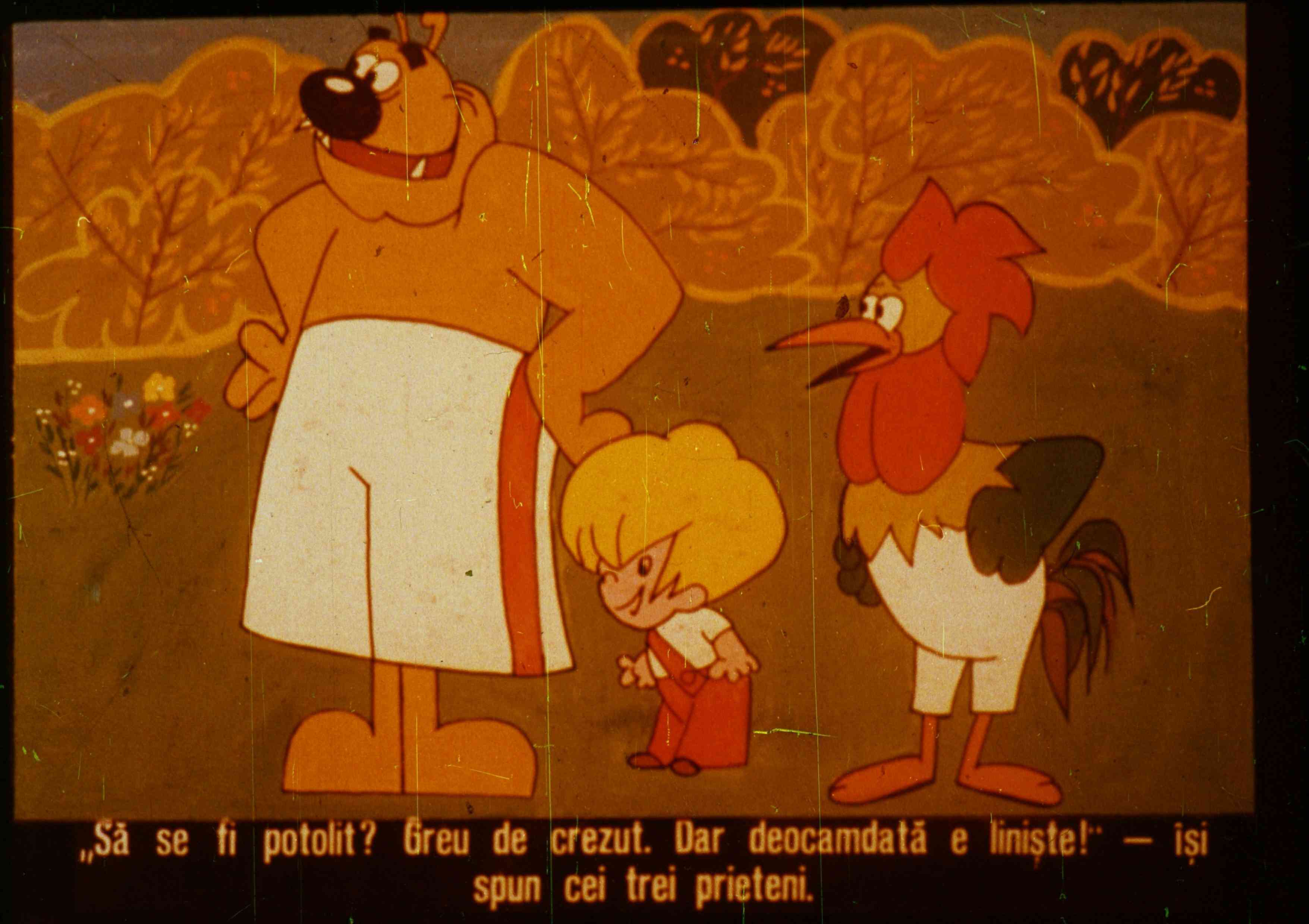 Trei personaje de desen animat discută într-un peisaj colorat, exprimând o afirmație despre comportamentul unui alt personaj.