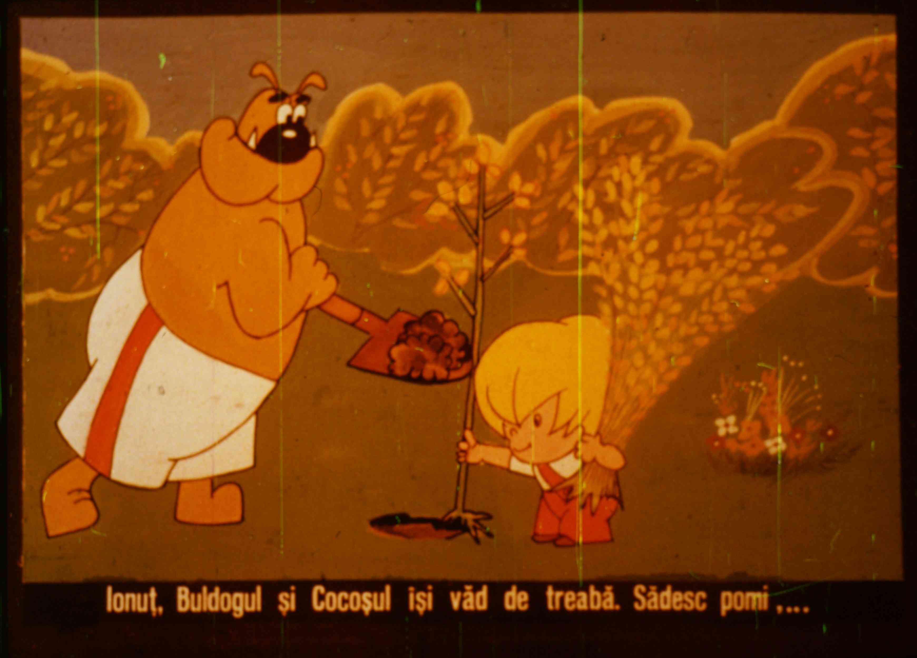 Imagine animată cu un câine și un băiat plantând un pom.