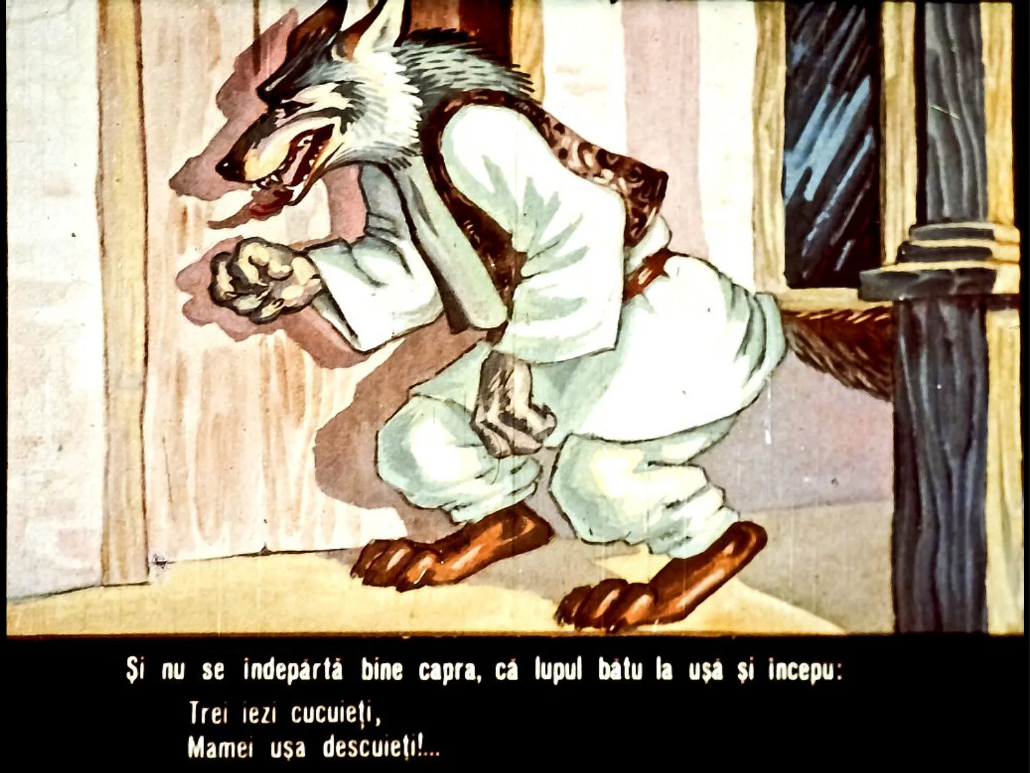 Ilustrație colorată cu un lup îmbrăcat în haine tradiționale bătând la o ușă, însoțită de text legat de o poveste pentru copii.