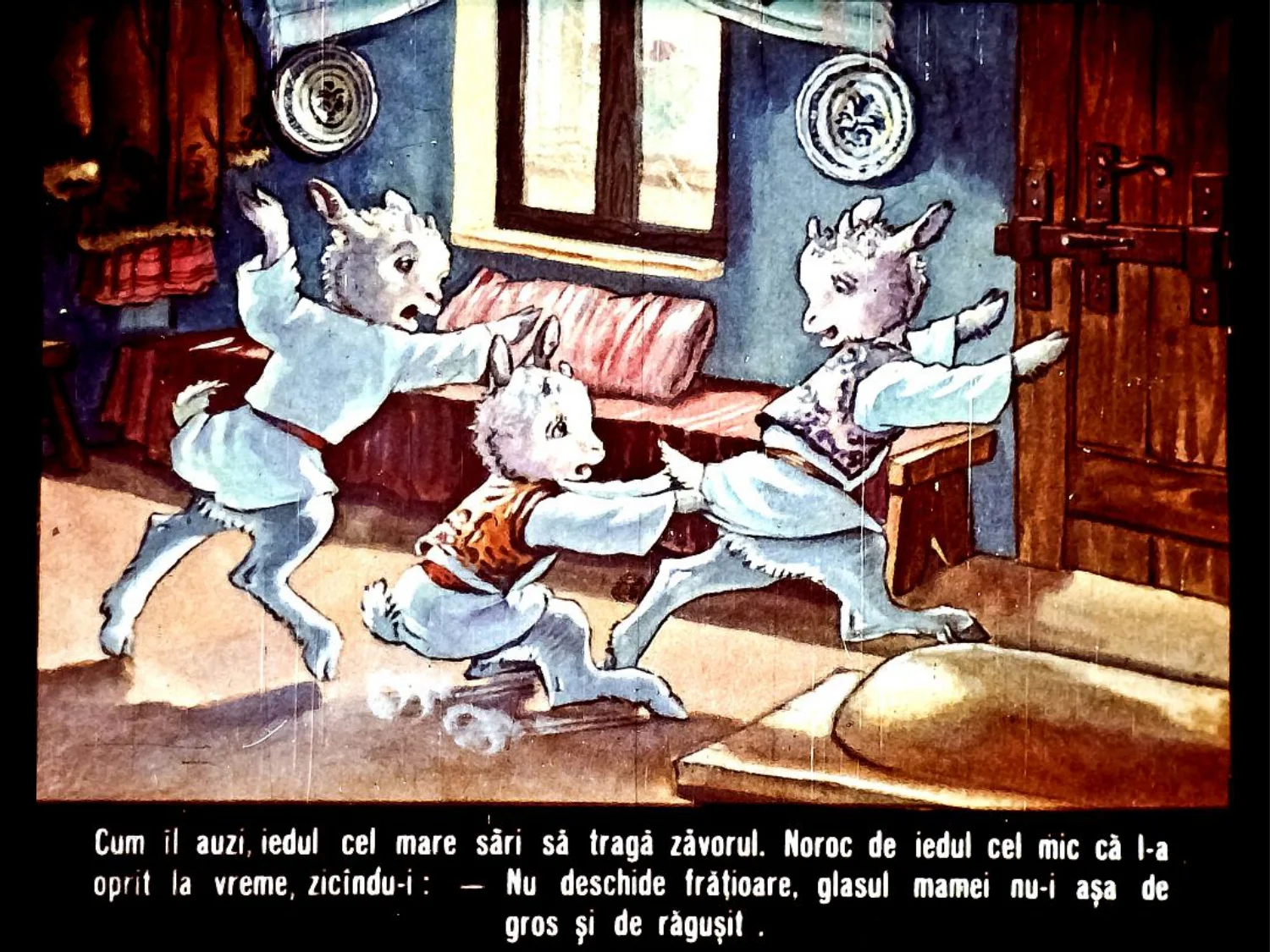 Ilustrație cu iezi care interacționează într-o încăpere, evidențiind o poveste.