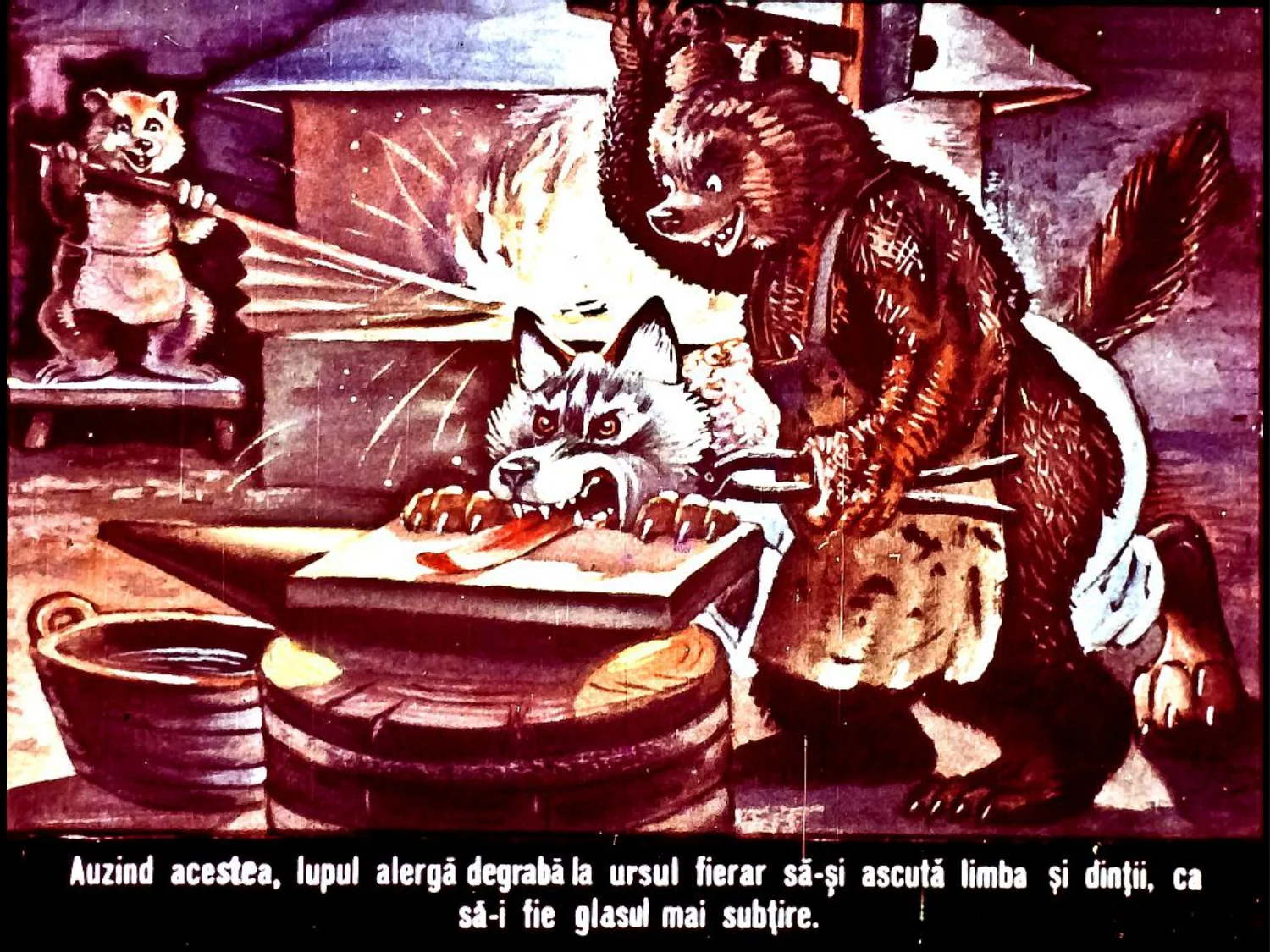 Imagine care ilustrează un lup și un urs fierar, cu un dialog despre ascuțirea dinților pentru a obține un glas mai subțire.