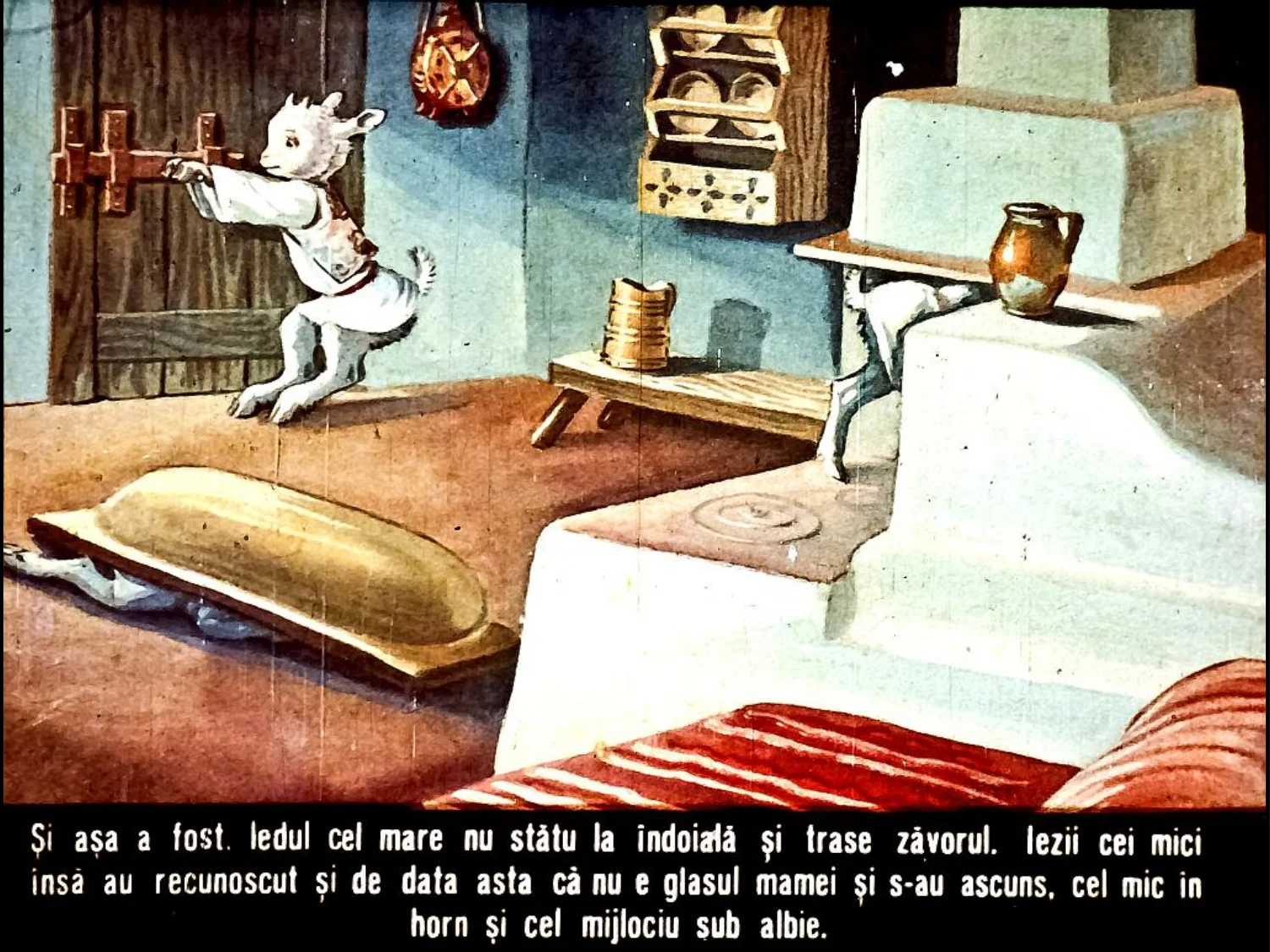 Ilustrație cu un interior de casă rustică, un capră care deschide ușa și un mediu plin de obiecte tradiționale.