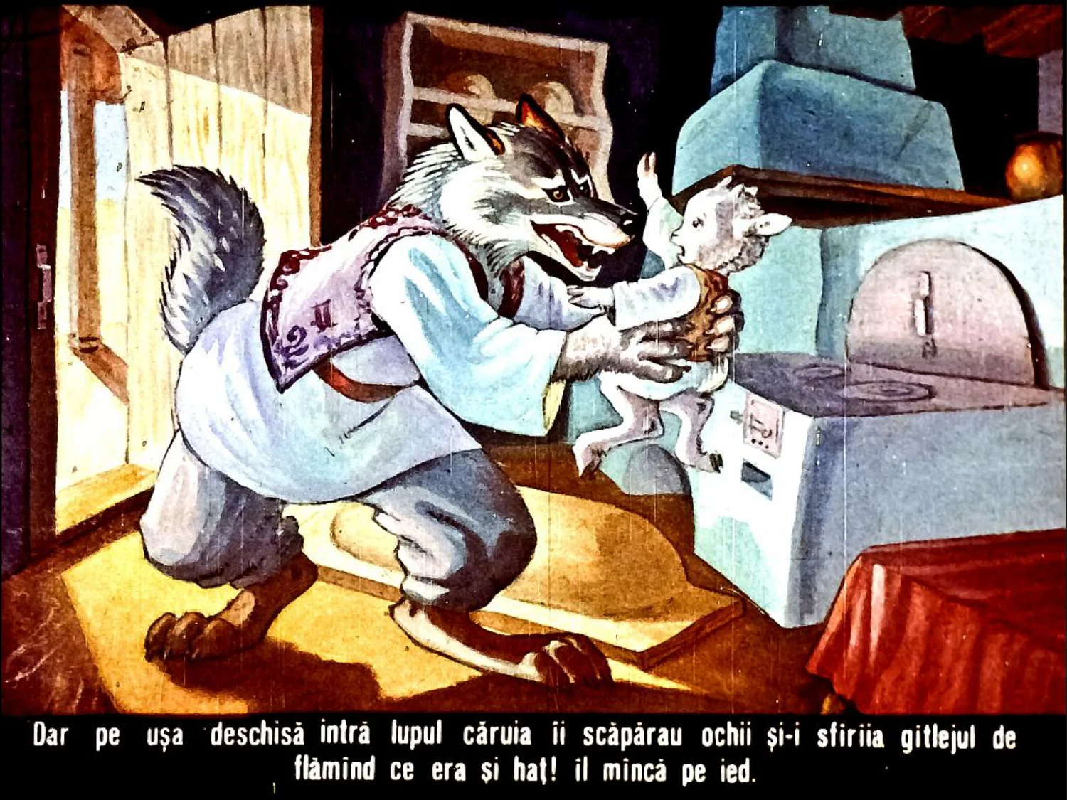 Ilustrație cu un lup care intră într-o încăpere, ținând un ied în brațe, cu un fundal de mobilier și o masă.