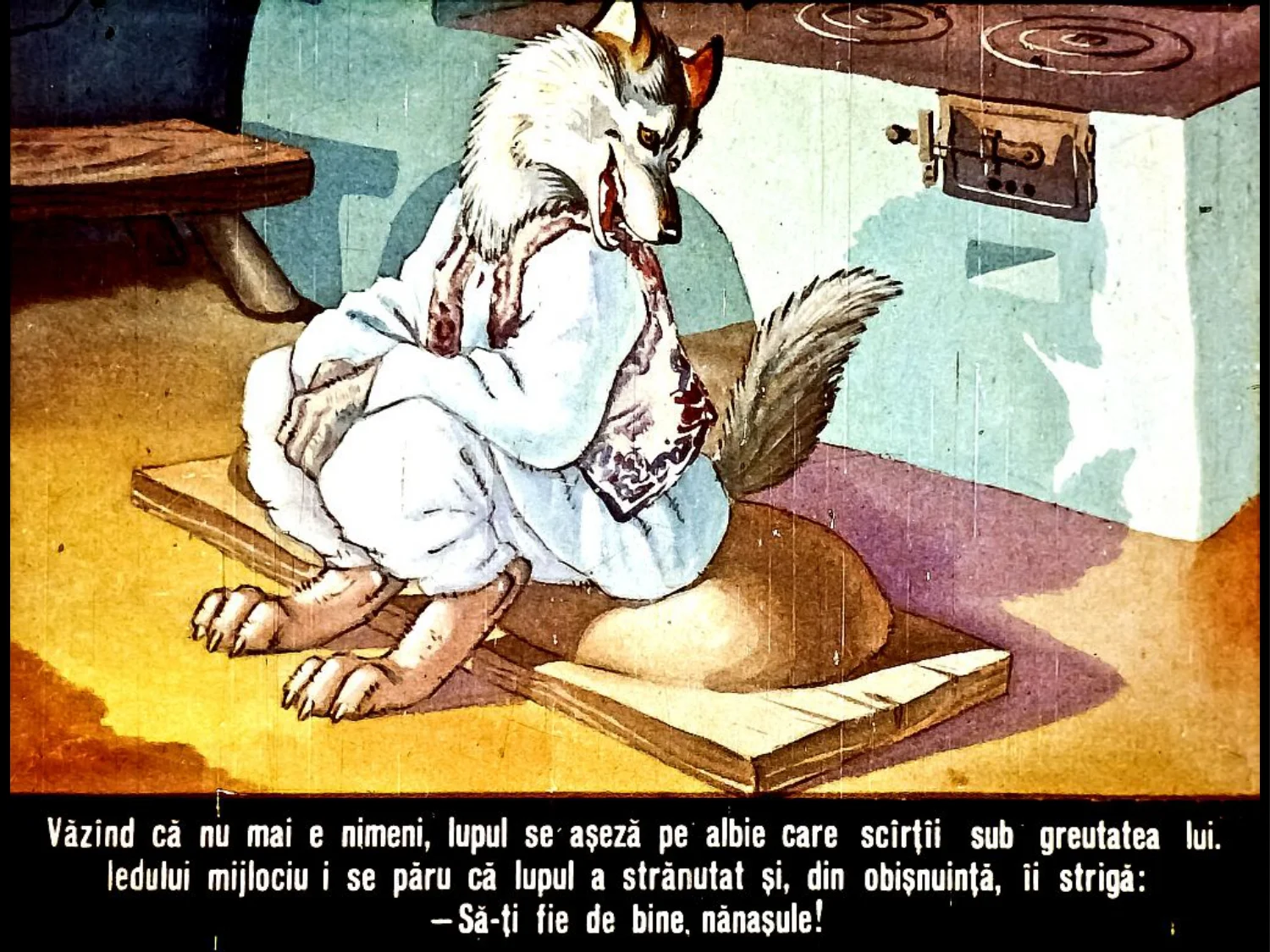 Ilustrație de basm cu un lup îmbrăcat, așezat pe o albie, cu un mesaj despre tradiții și obiceiuri.