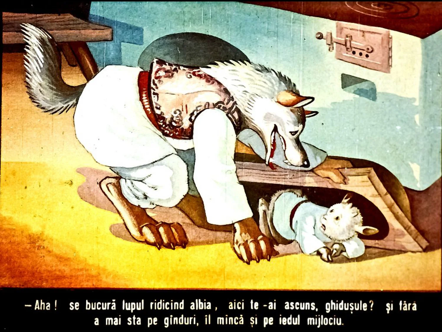 Ilustrație cu un lup și un ied, cu text în limba română în partea de jos, care conține un dialog.