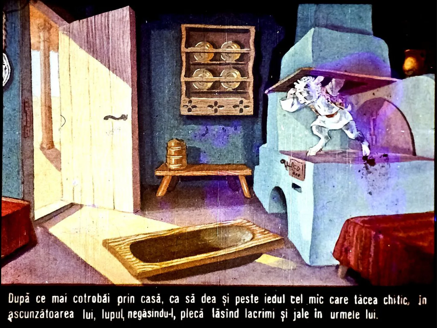 Ilustrație cu o scenă dintr-o poveste, arătând o cameră cu o ușă deschisă, o masă și un cuptor, în care se află un cal de lemn, sugerând o atmosferă de fantezie.