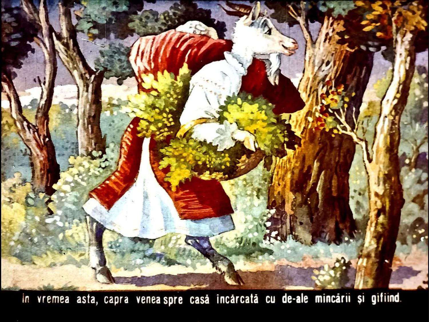 Ilustrație cu o capră care poartă o coș de alimente, merge printr-o pădure.