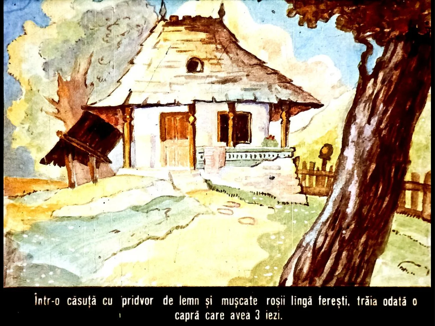 Ilustrație a unei căsuțe cu pridvor și flori de mușcate, acompaniată de un text narativ despre o capră.