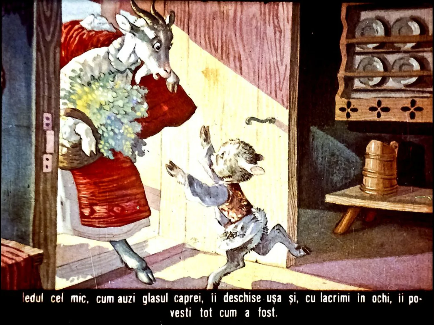 Ilustrație cu un iepure care deschide ușa pentru o capră ce ține flori.