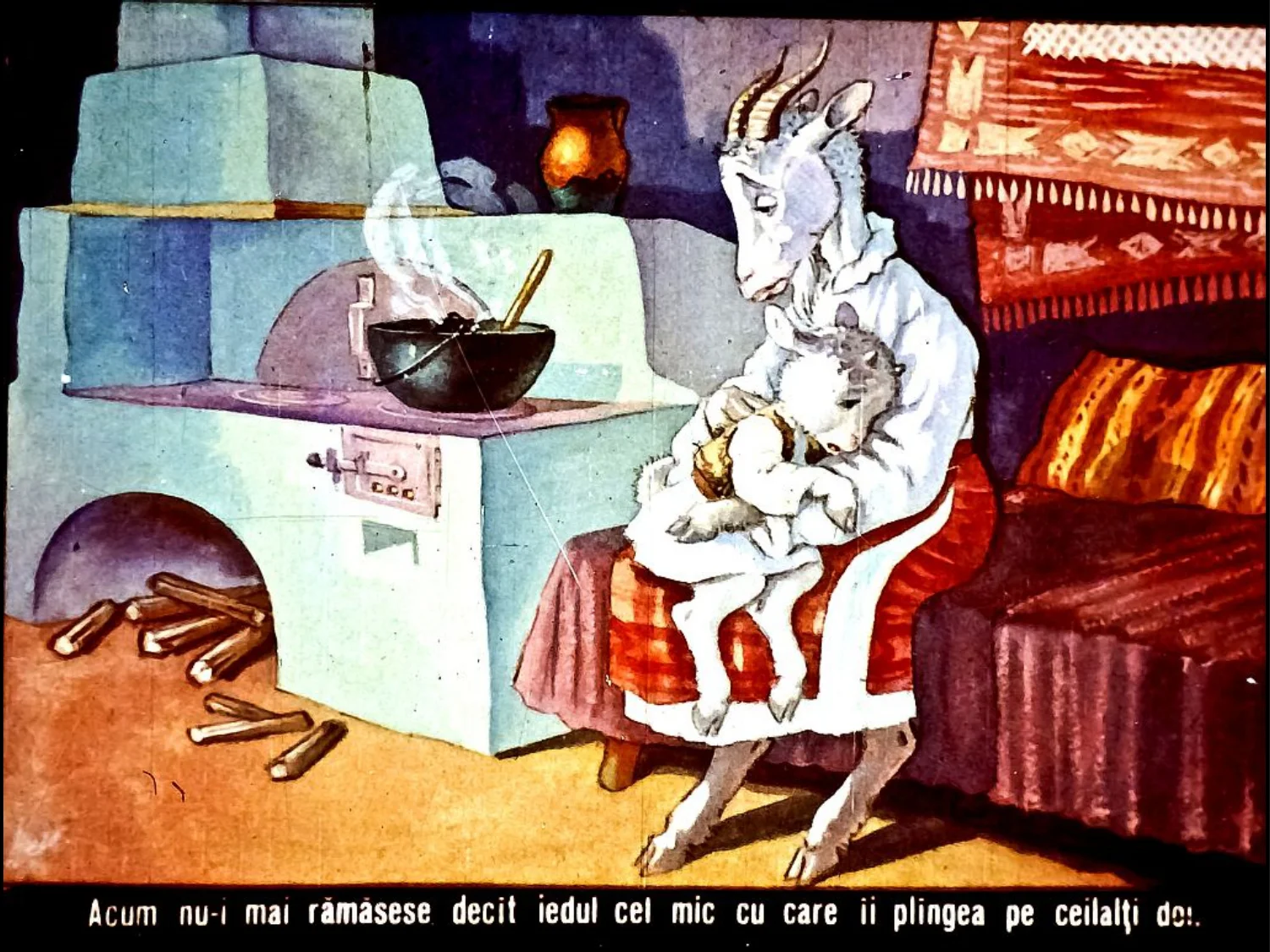 Ilustrație cu o capră care ține un iepure în brațe, gătind la o sobă, în fundal auzindu-se un mesaj despre idei.