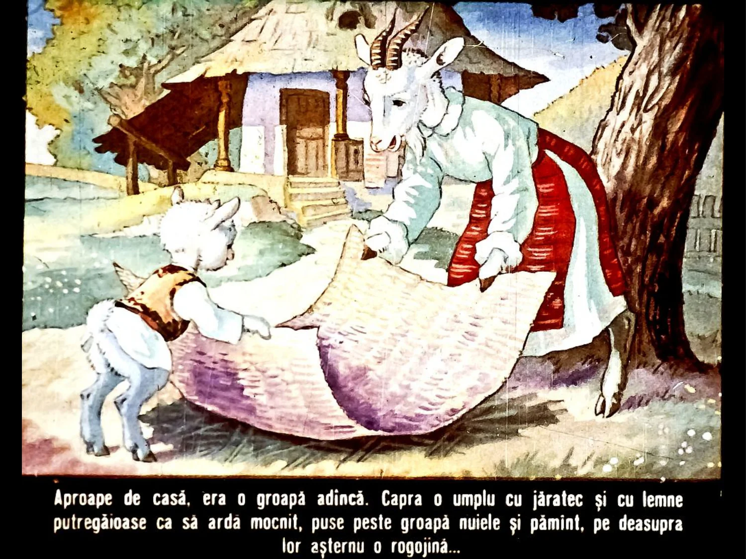 O ilustrare a unei scene cu un personaj gătind, însoțită de text despre mâncăruri gustoase.