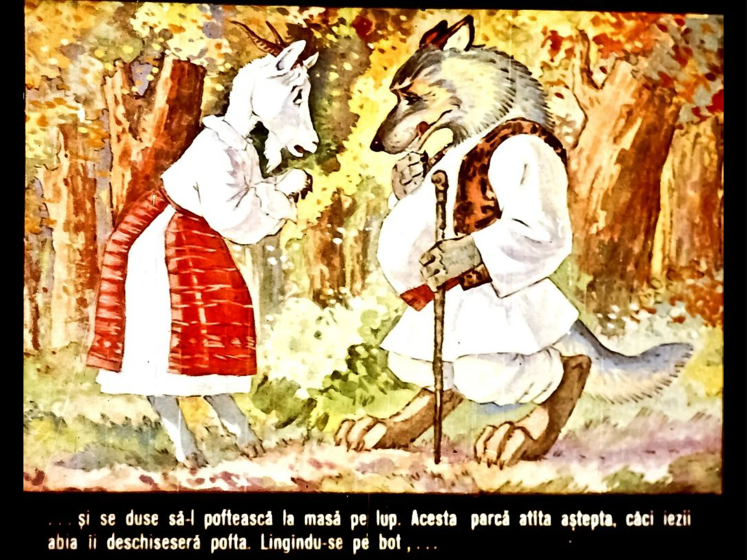 Ilustrație colorată cu o capră și un miel, în fața unei case, desfăcând o rogojină pe o groapă.