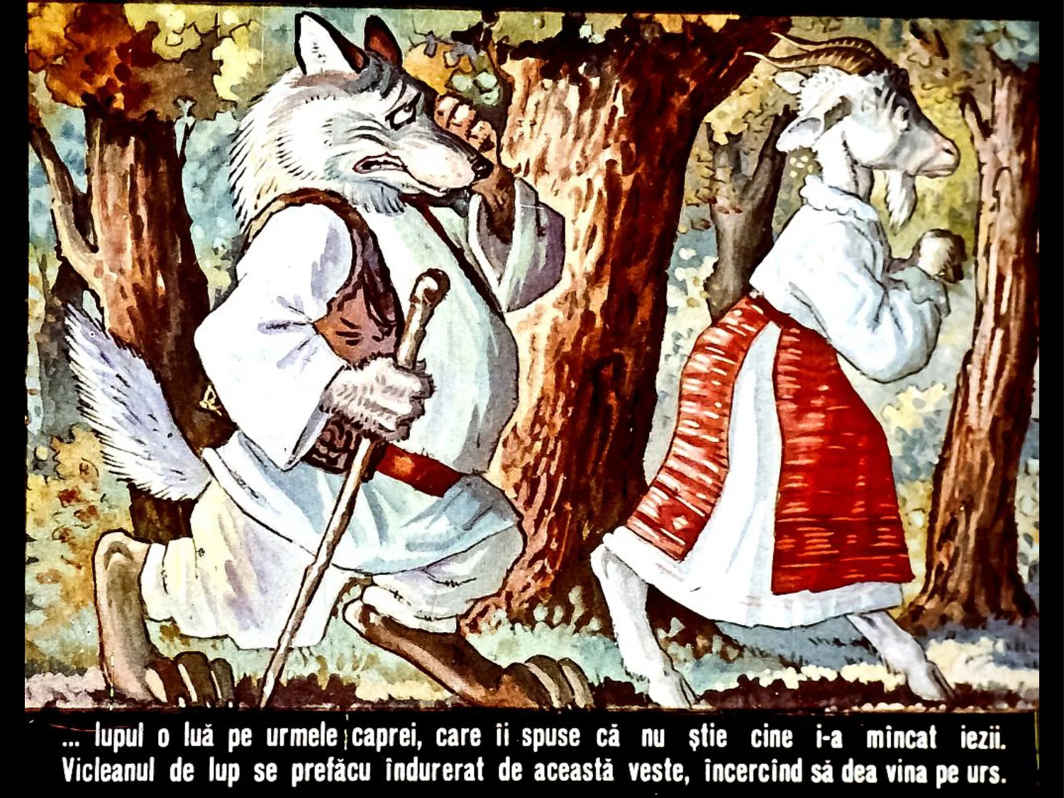 Un desen animat cu un lup si o capra, unde capra o invita pe lup la masa.