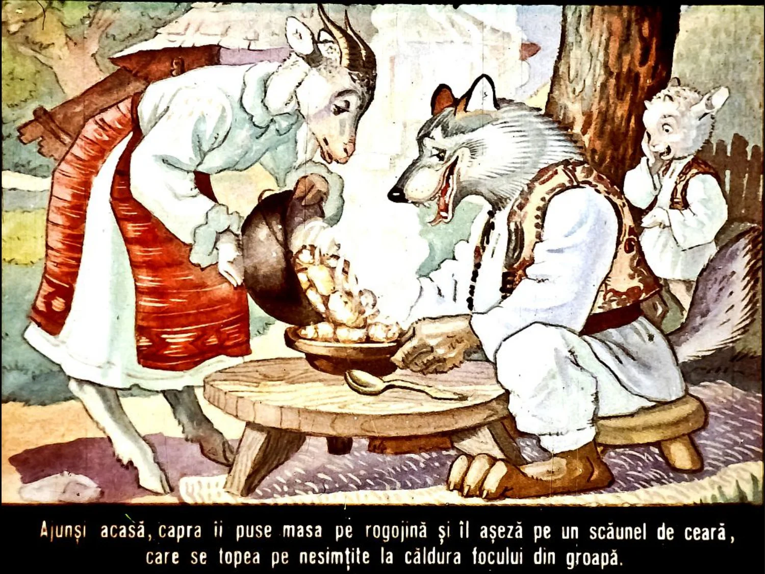 Ilustrație cu un lup și o capră, reprezentând o poveste, cu text explicativ despre lup și capră.