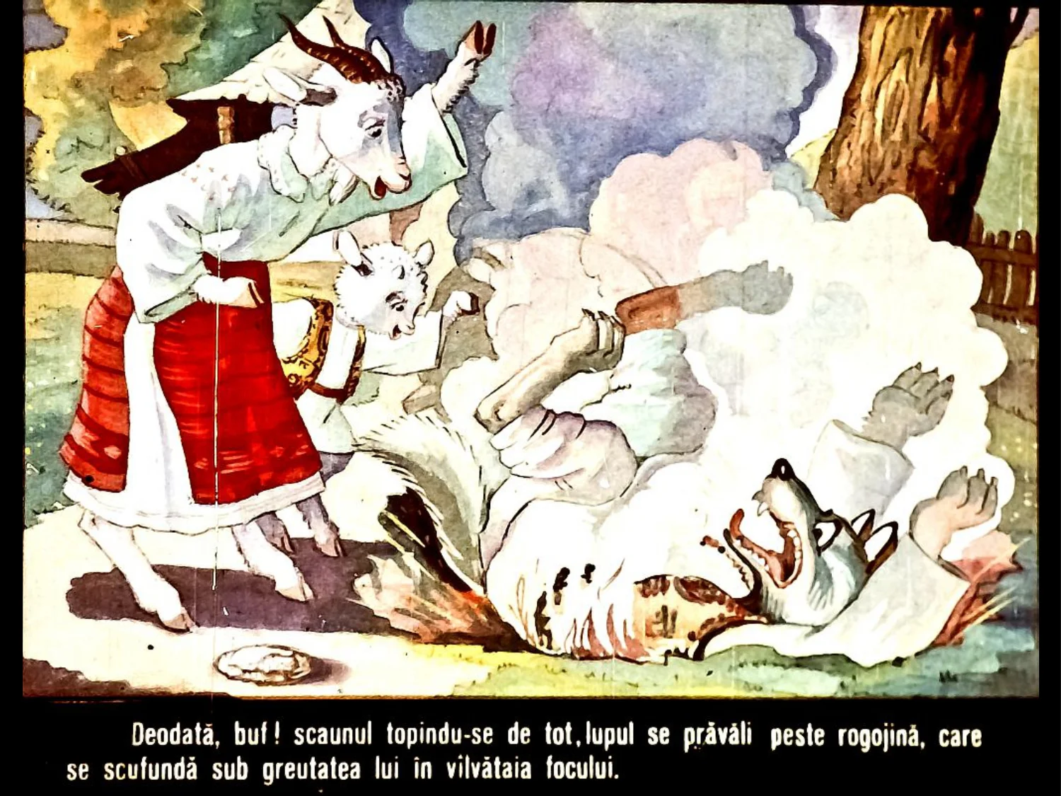 Ilustrație reprezentând o capră și un lup interacționând în jurul mesei, cu un peisaj de fundal, sugerând o scenă de poveste.