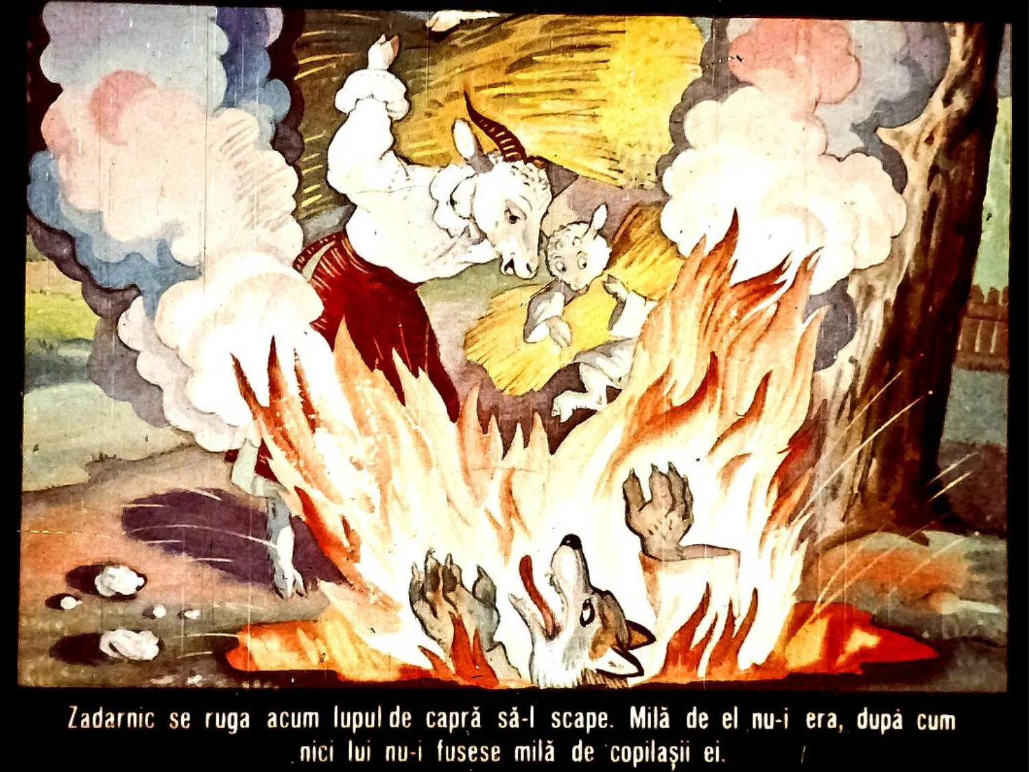 Ilustrație colorată cu un lup căzând pe o rogojină în mijlocul unui foc, înconjurat de personaje de poveste.