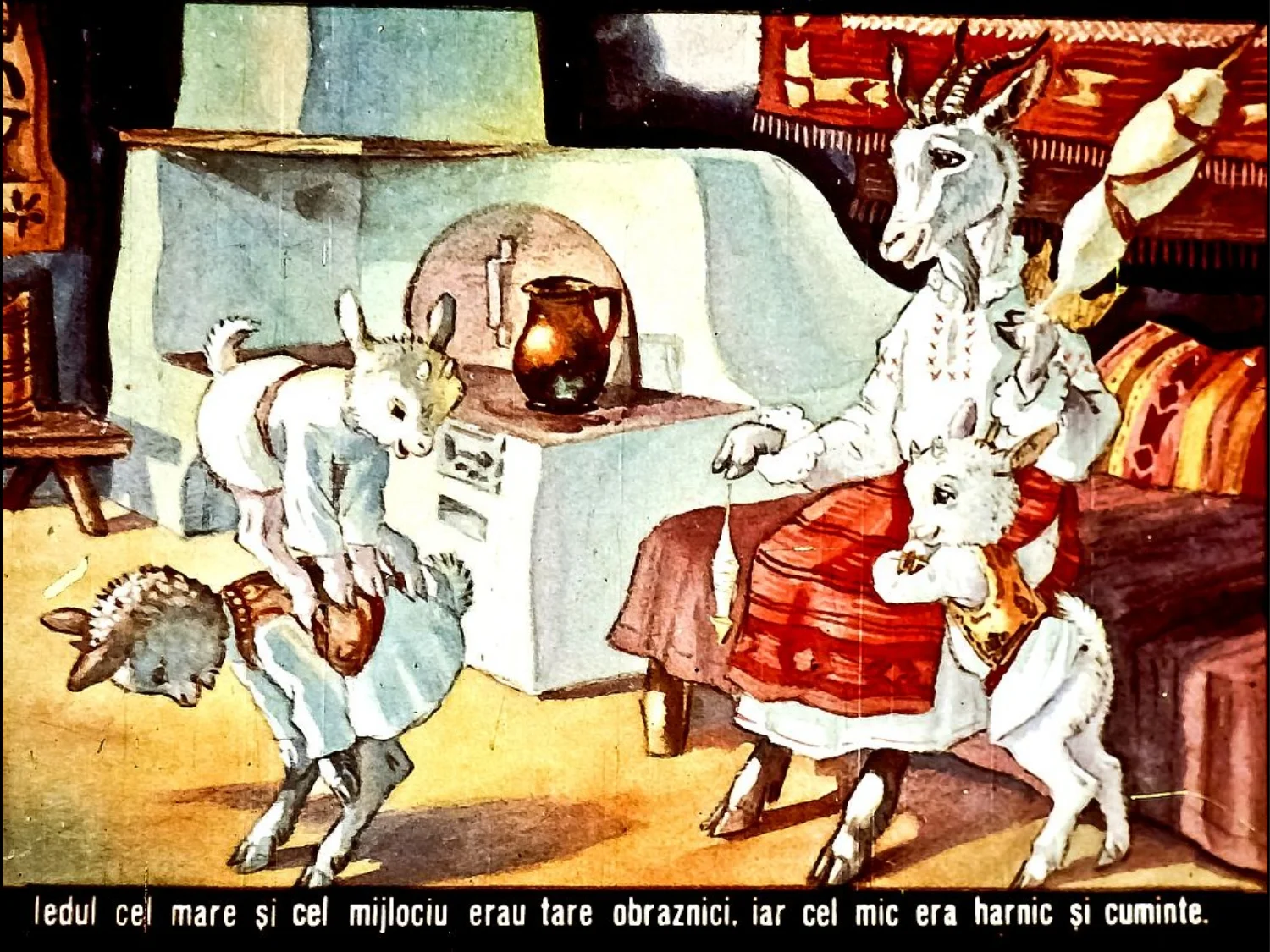 O ilustrare cu trei iezi, doi jucându-se și unul stând pe brațele unei capre, într-un mediu de interior tradițional.