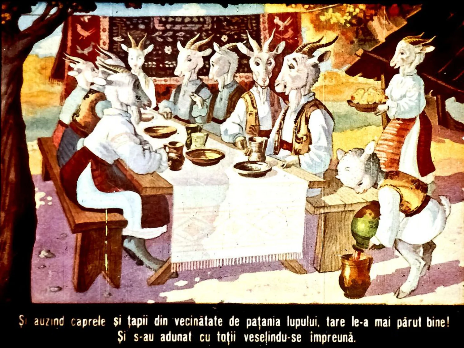 Ilustrație a unui lup și a unei capre, cu un fundal de foc și nori de fum, reprezentând o scenă dramatică.