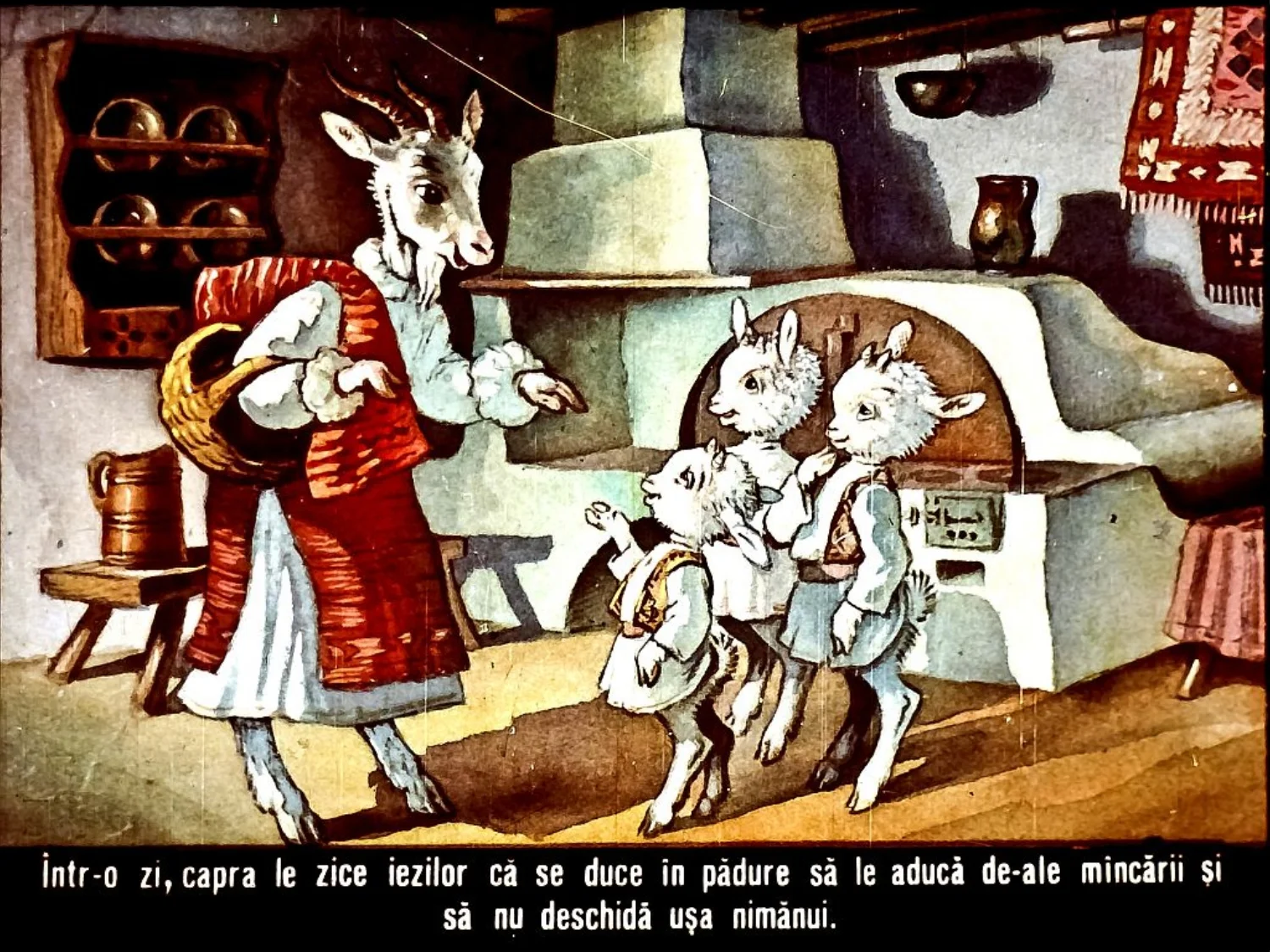 Ilustrație cu o capră vorbind cu iezii într-o bucătărie rustică.