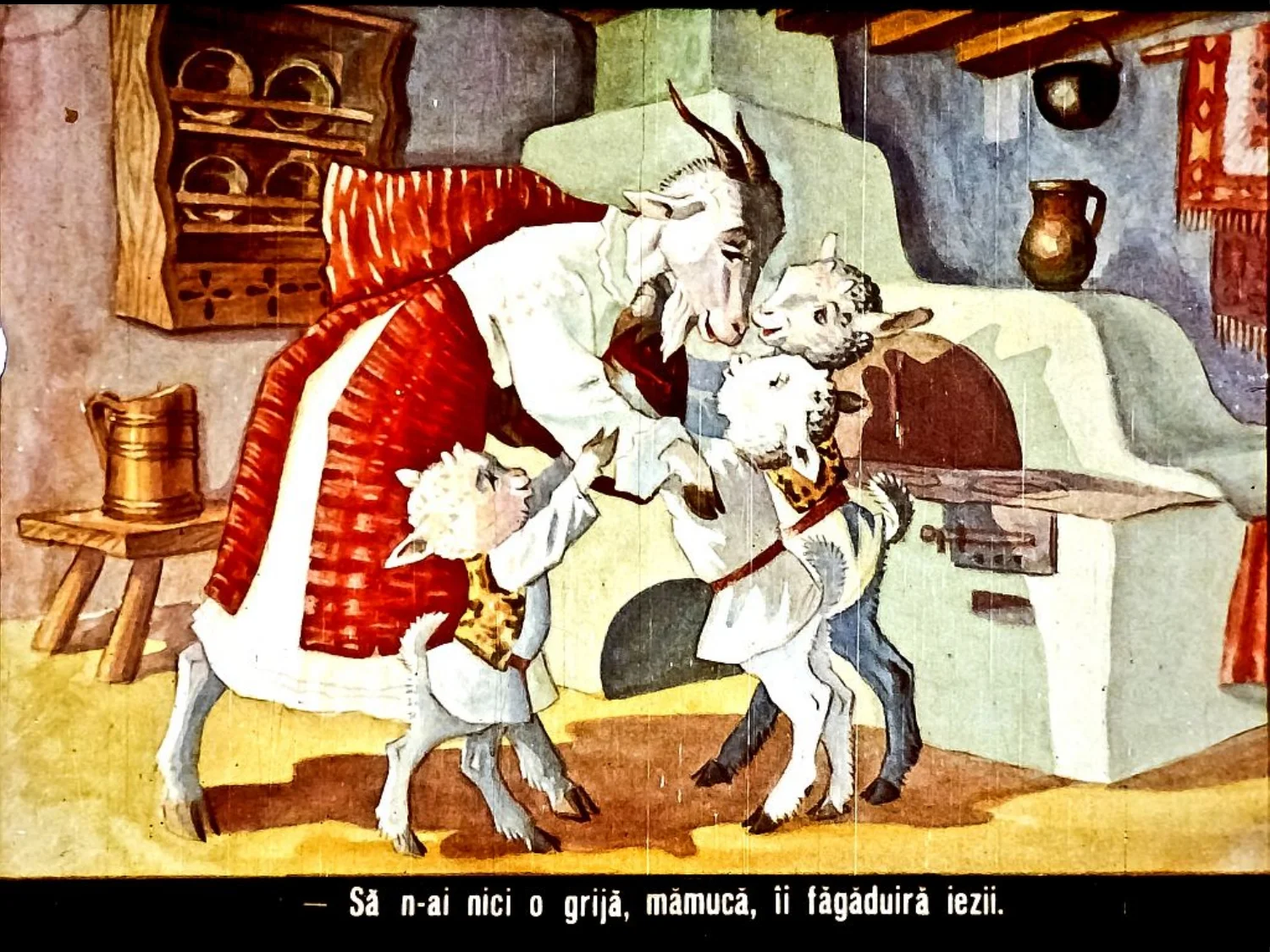 Ilustrație cu o capră și iezi în bucătărie, cu text scris în partea de jos.