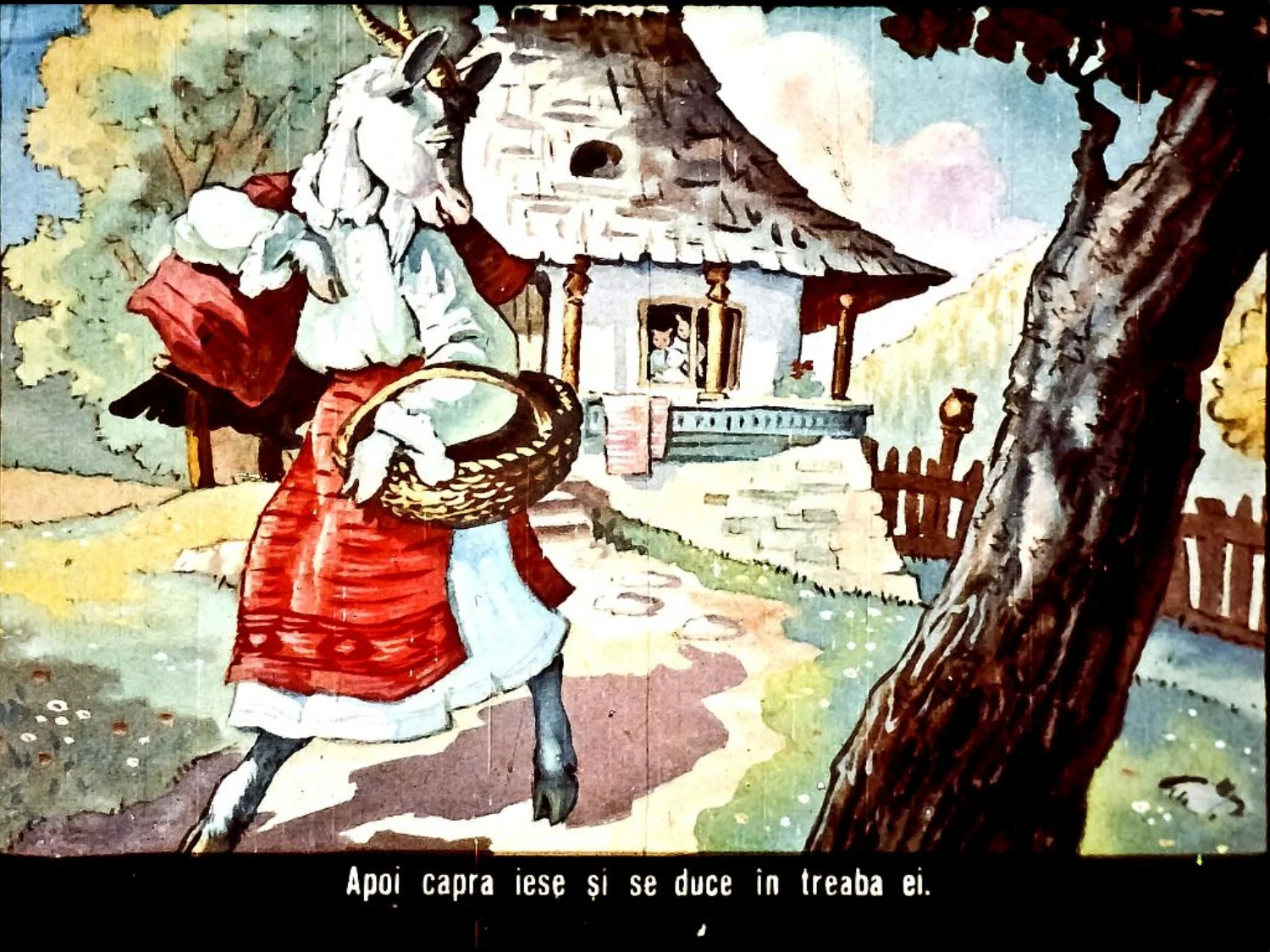 Ilustrație cu o capră îmbrăcată în haine roșii și albe care iese dintr-o casă, detalii în fundal inclusiv un copac și o poartă.