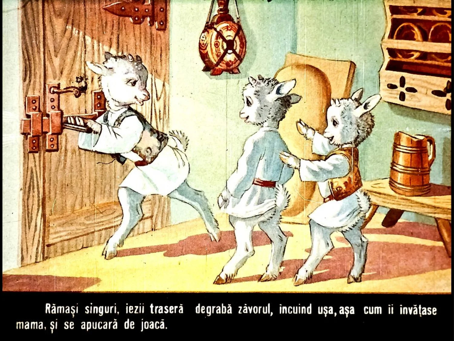 Ilustrație cu iezi care închid ușa și se pregătesc să se joace.