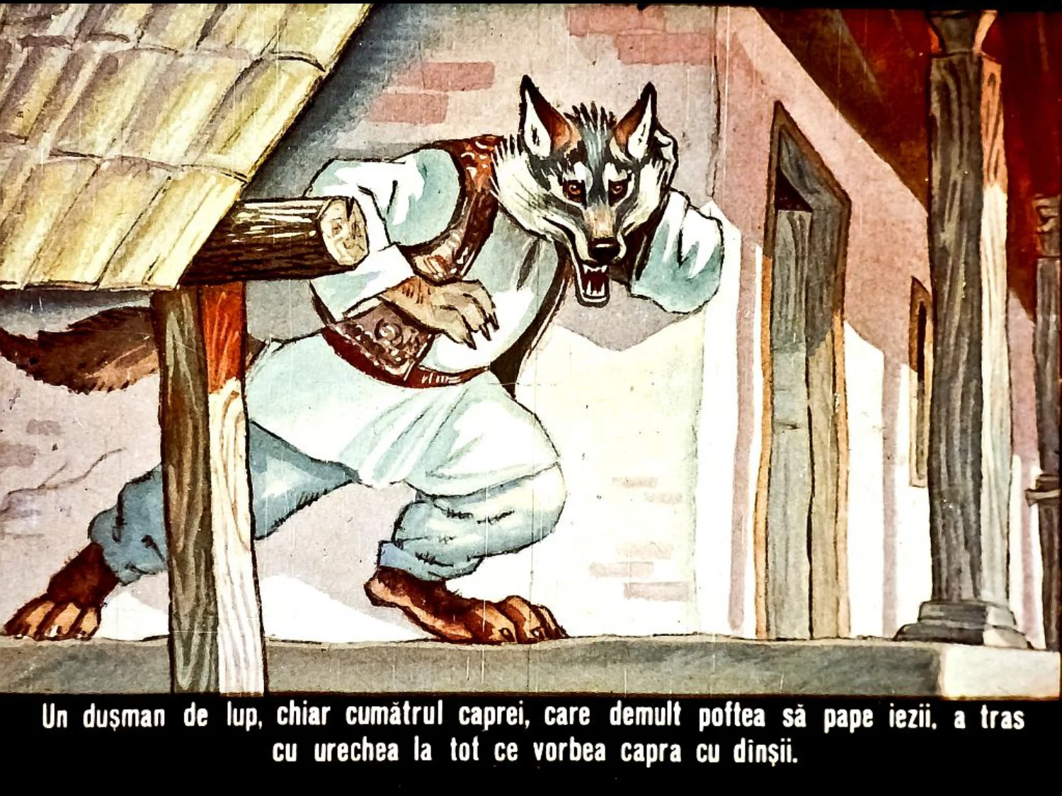 Ilustrație a unui lup costumat care ascultă un dialog, reprezentând o scenă dintr-o fabula.