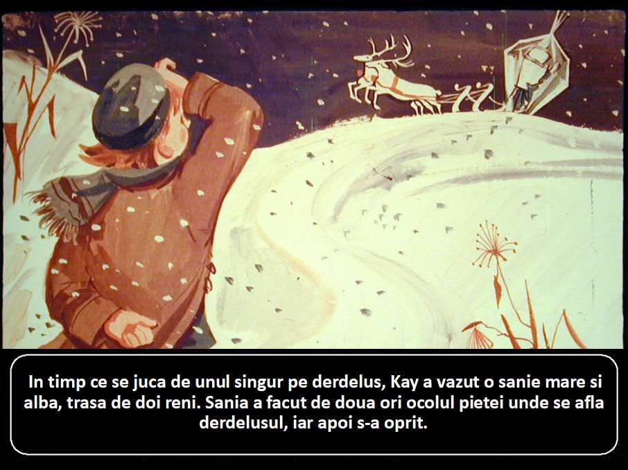 Ilustrație cu un băiat pe un derdeluș care observă o sanie mare trasă de doi reni.