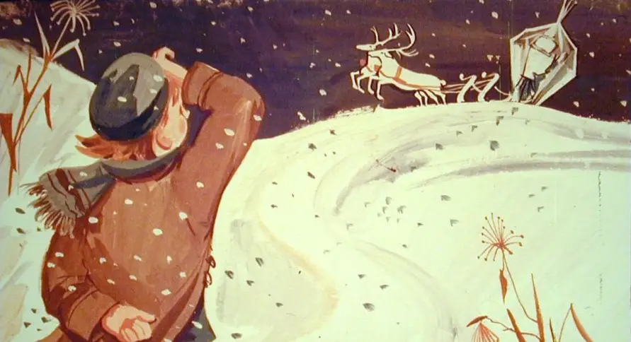 Ilustrație cu un băiat pe un derdeluș care observă o sanie mare trasă de doi reni.