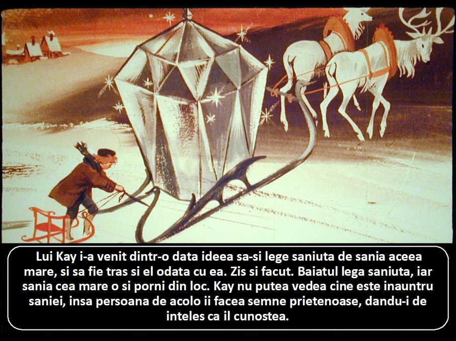 Ilustrație cu un băiat care leagă o sanie de o sanie mai mare, într-un peisaj de iarnă cu cerb și vegetație.