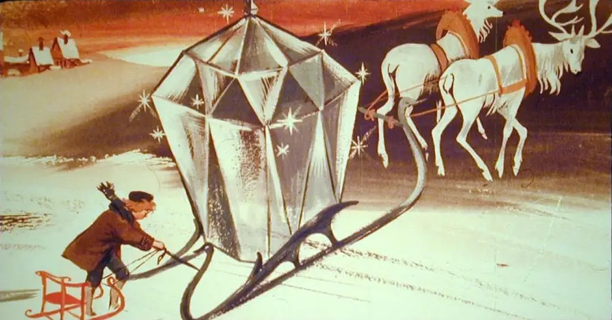 Ilustrație cu un băiat care leagă o sanie de o sanie mai mare, într-un peisaj de iarnă cu cerb și vegetație.