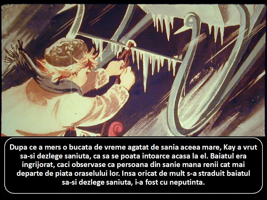 Ilustrarea unui băiat încercând să dezlege o sanie mare dintr-un peisaj iarnă.