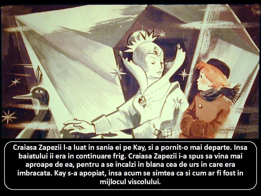 Ilustrație cu Craiasa Zapezii și Kay, care călătoresc într-o sanie, sub o atmosferă de iarnă.
