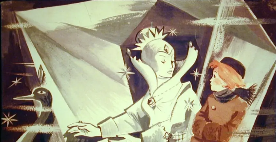 Ilustrație cu Craiasa Zapezii și Kay, care călătoresc într-o sanie, sub o atmosferă de iarnă.