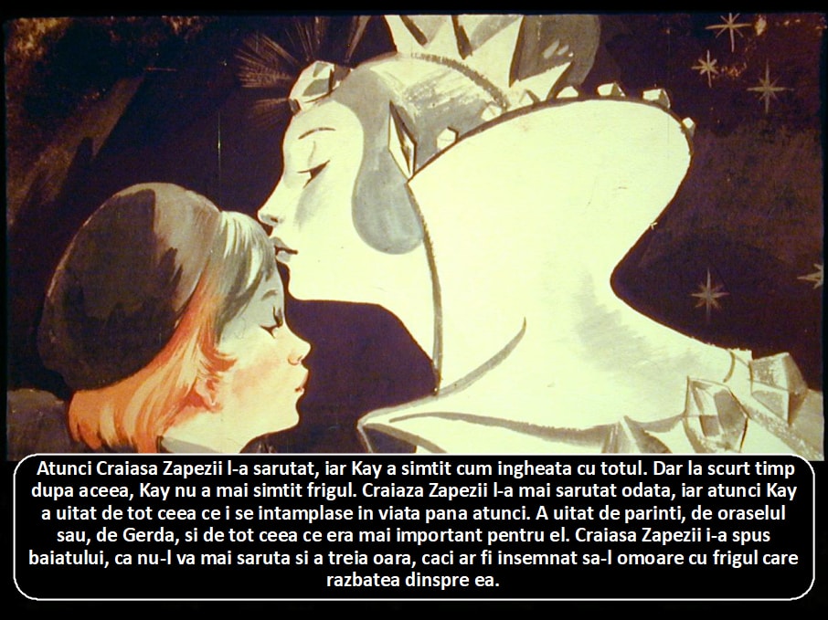 Un fragment din povestea Craiasa Zapezii, prezentând o interacțiune emoționantă între personaje.