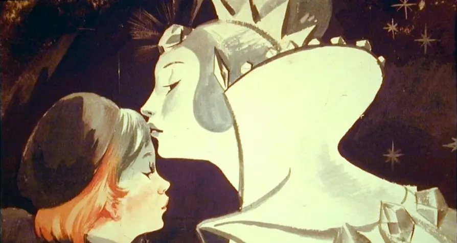 Un fragment din povestea Craiasa Zapezii, prezentând o interacțiune emoționantă între personaje.