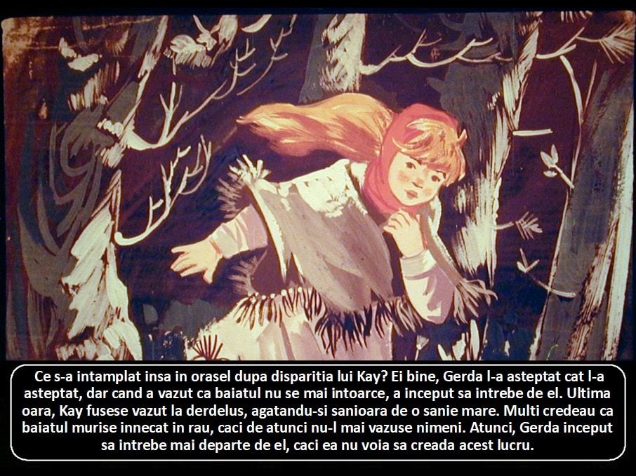 Ilustrație cu o fetiță care așteaptă, înconjurată de un peisaj de iarnă, acompaniată de un text narativ despre dispariția unui băiat numit Kay.
