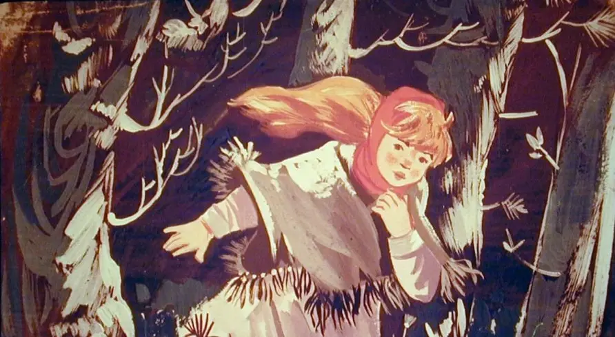 Ilustrație cu o fetiță care așteaptă, înconjurată de un peisaj de iarnă, acompaniată de un text narativ despre dispariția unui băiat numit Kay.