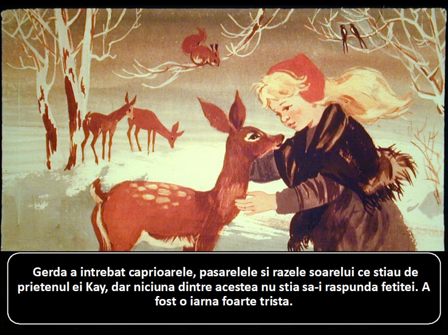 IluSTRAȚIE care arată o fetiță blondă care vorbește cu un căprior într-un peisaj de iarnă, cu copaci desfrunziți și animale în fundal.