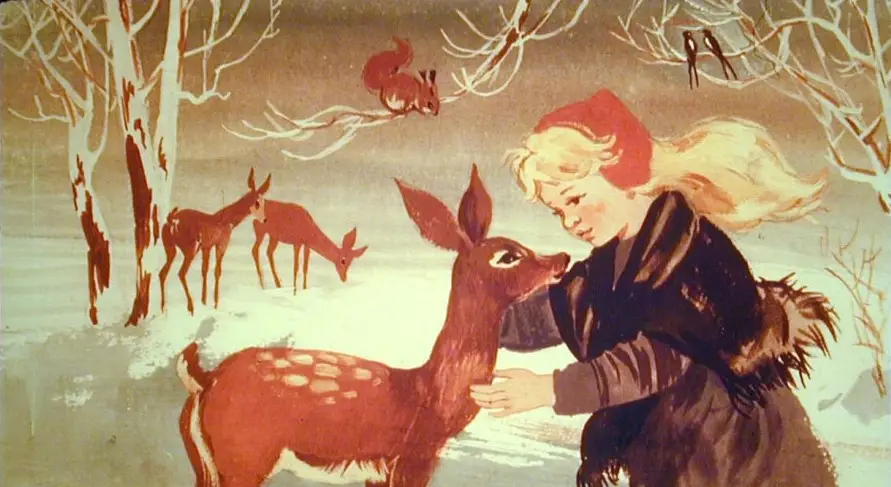 IluSTRAȚIE care arată o fetiță blondă care vorbește cu un căprior într-un peisaj de iarnă, cu copaci desfrunziți și animale în fundal.