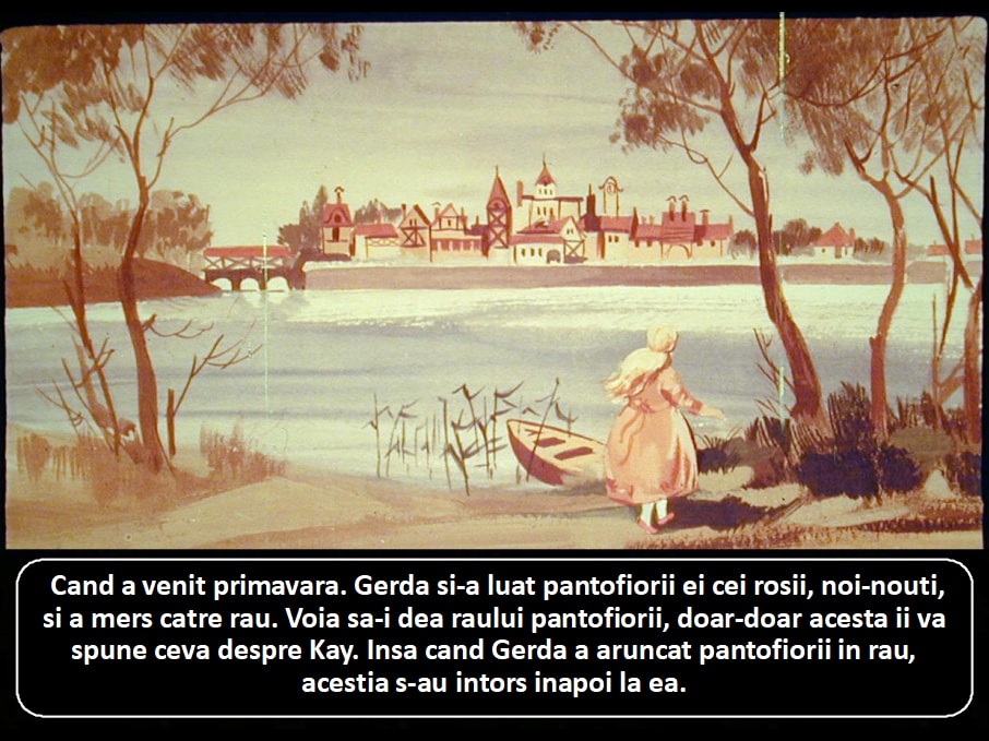 Ilustratie cu o fata care poarta o rochie, stand pe malul unui rau, langa o barca, cu un oras in fundal.