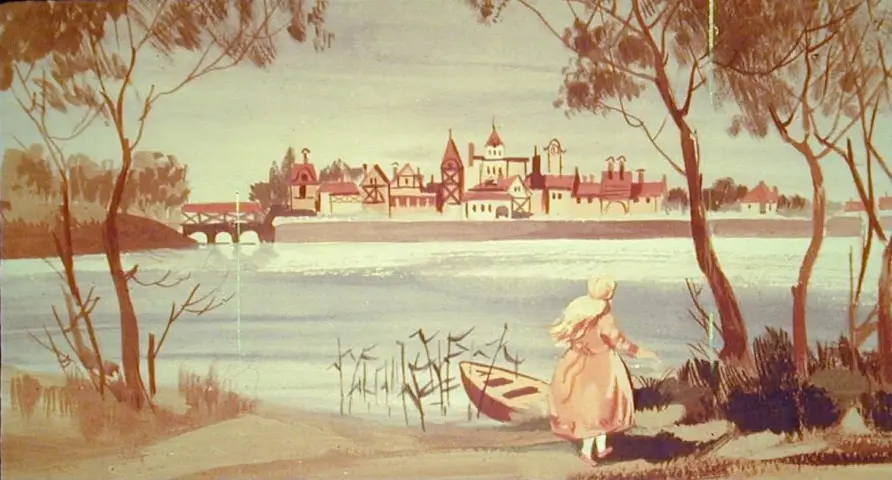 Ilustratie cu o fata care poarta o rochie, stand pe malul unui rau, langa o barca, cu un oras in fundal.