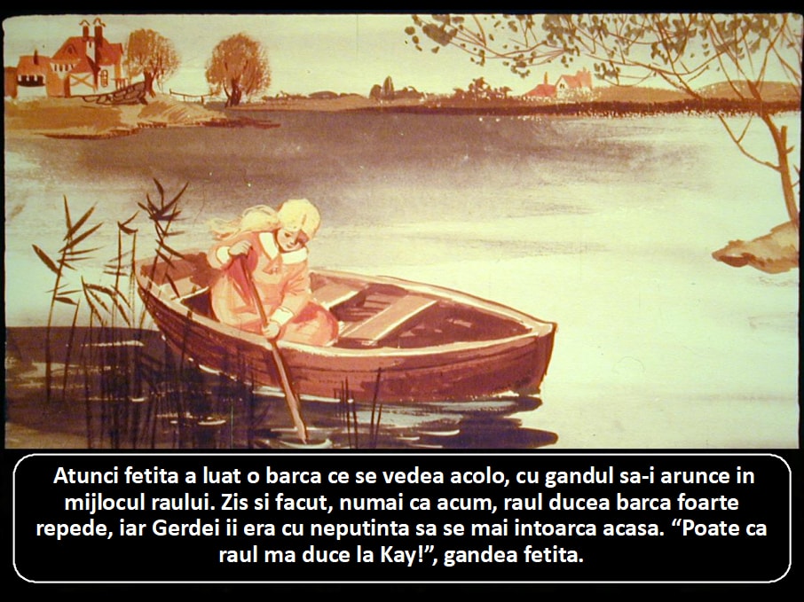 Imagine cu o fetita in barca pe rau, inconjurata de natura, reflectand asupra destinului ei.