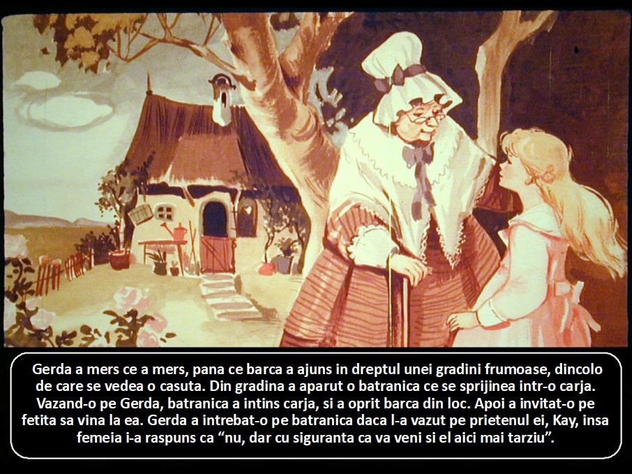 Ilustrarea unei fete numite Gerda care intalneste o batranica intr-o gradina frumoasa, in contextul unei povesti.