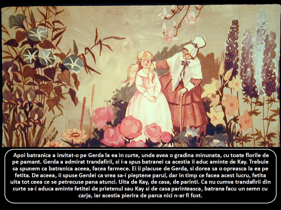 Ilustrație dintr-o poveste, reprezentând o bătrână care invită o fetiță într-o grădină plină cu flori.